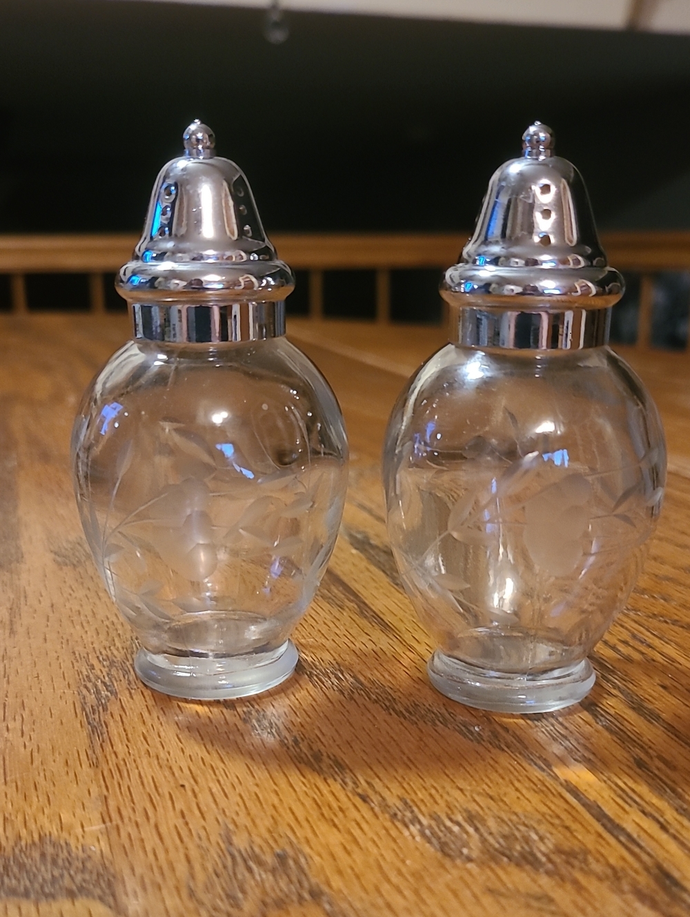 Princess House Heritage Etched Glass Salt and Pepper Shakers with Silver Tops